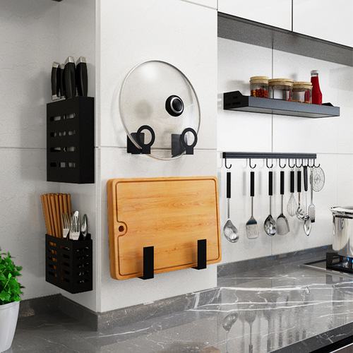 Kitchen hole-free seasoning storage shelf wall-mounted home knife holder chopstick rack pot lid rack layered organization