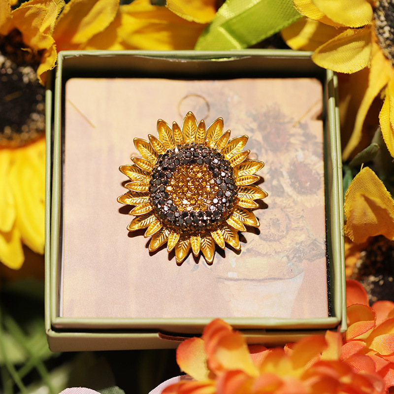 Van Gogh sunflower brooch, high-end full diamond retro sunflower pin, artistic accessories gift_voghion.com