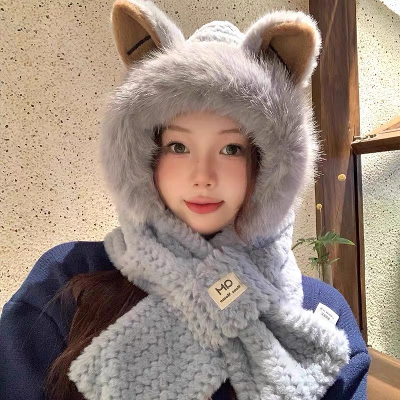 Bufandas y sombreros en otoño y invierno de peluche caliente engrosado imitación de pelo de conejo lindo sombrero protector de orejas en 2024 para mujeres