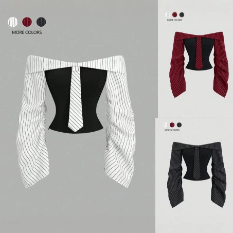 879 Cross-Border Amazon Tk European and American Style Tie Design Patchwork Off-Shoulder Long-Sleeve Shirt with Contrasting Color Stripes 879 Cross-Border Amazon Tk European and American Style Tie Design Patchwork Off-Shoulder Long-Sleeve Shirt with Contrasting Color Stripes