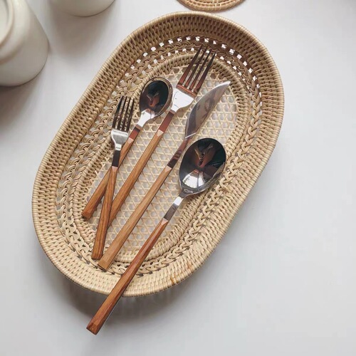 Japanese simple stainless steel imitation wooden handle knife, fork and spoon chopsticks ins style high-looking Western steak knife, fork and spoon set