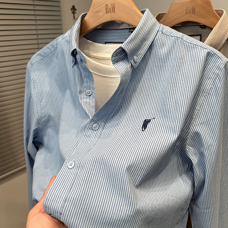 Classic Vertical Striped Polo Shirt with Pony Logo, Men's Long-Sleeved Autumn and Winter New Style Shirt, Men's Trendy Brand Shirt