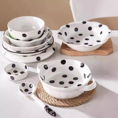 High-looking black and white polka dot ritual ceramic rice salad bowl home bowl dish plate one person food tableware bowl plate