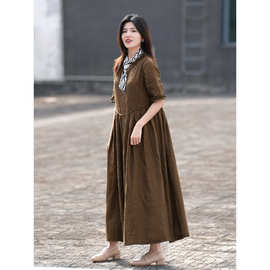 棉麻2026夏新款复古色织亚麻宽松木耳边v领连衣裙女原创