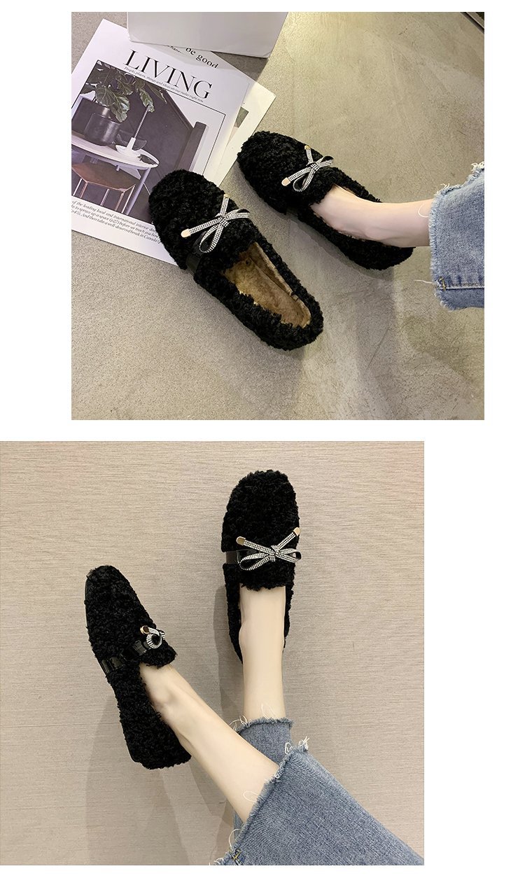 Rhinestone Bow Knot Plus Velvet Cotton Flat Shoes NSDFX97029