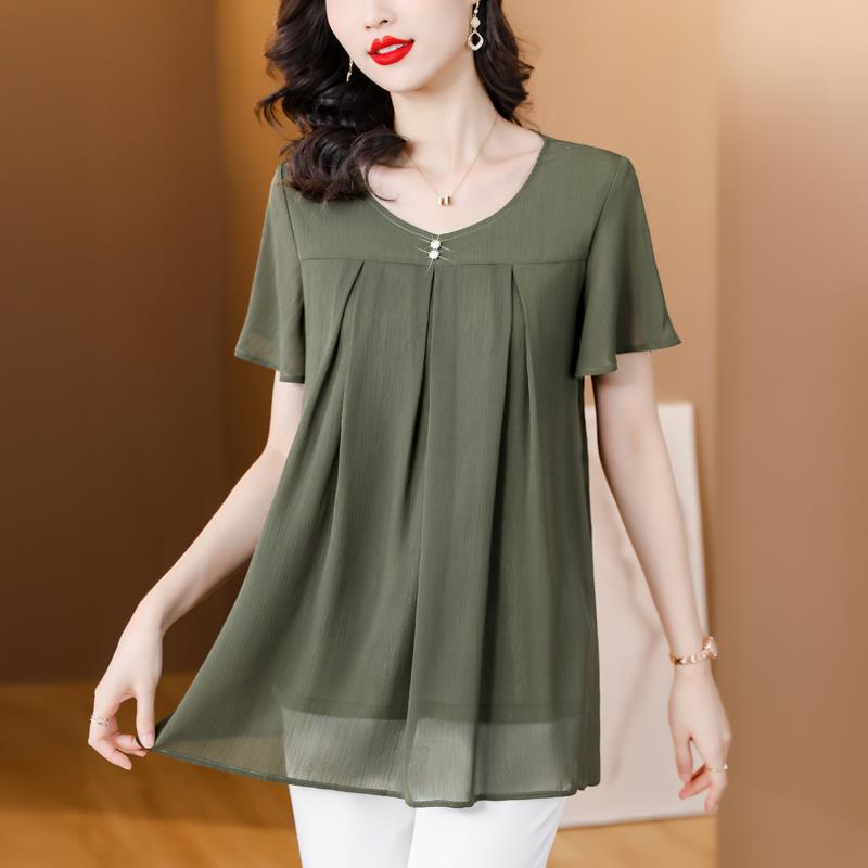 Summer New Retro Elegance Gentle Covering Tummy Slimming Simple Chic Age-Reducing Top for Women