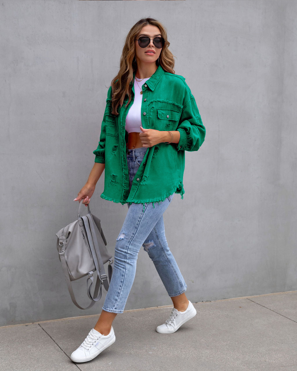 Giacca di jeans donna con volant strappata bavero manica lunga_voghion.com