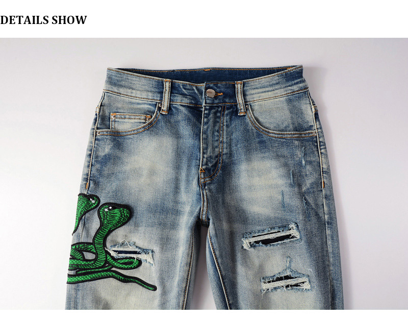 boy European And American High Street Fashion Ripped Jeans Vintage Washed Snake Embroidery Patch Hip Hop Skinny Pants Men's_viptrois.com