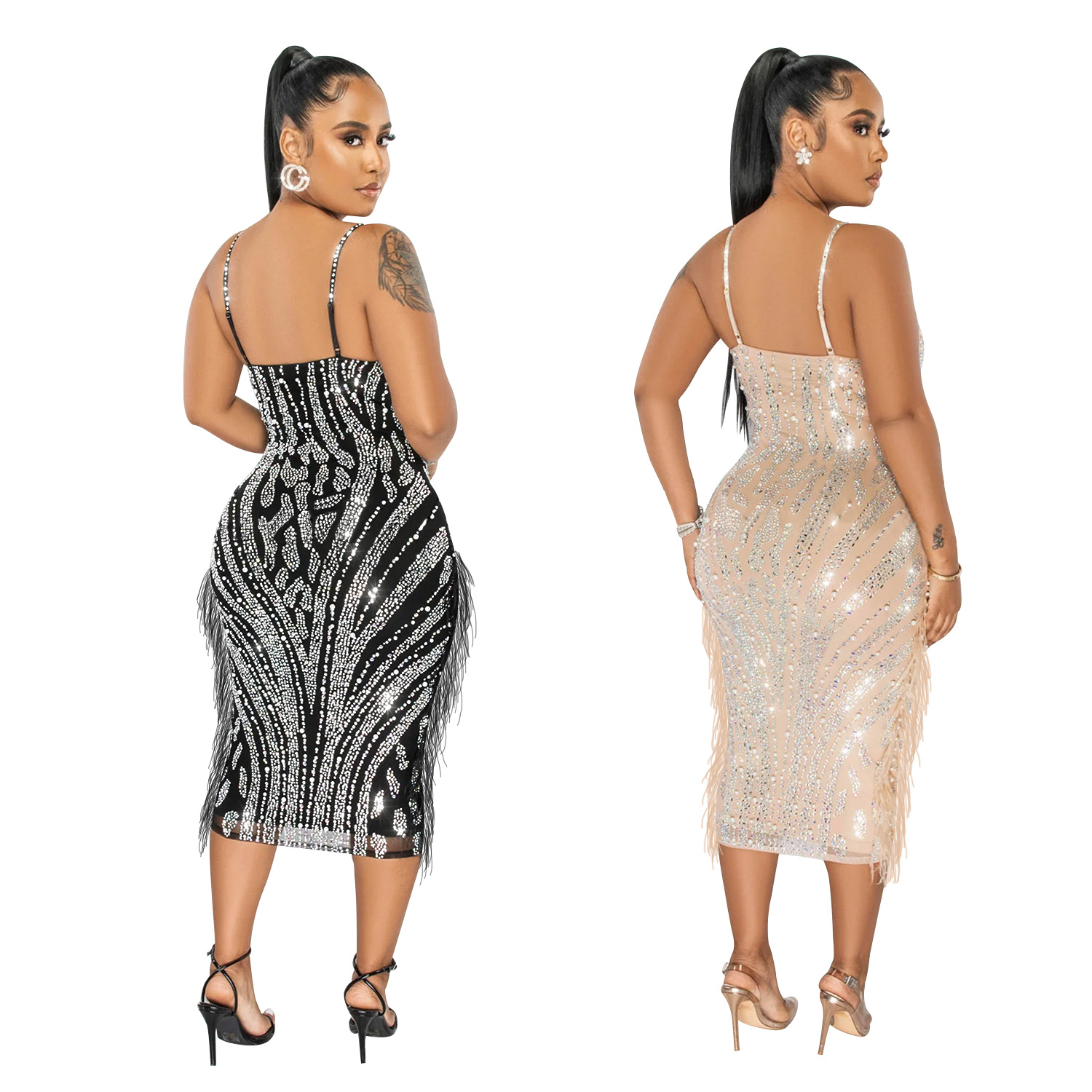 C6273 AliExpress Amazon moda europea y americana de las mujeres color sólido Sling sin mangas malla caliente perforación vestido image 4