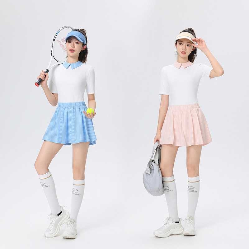 Women's Spring and Summer Slim Fit Lapel Polo Shirt Short Sleeve Top Striped Casual Golf Tennis Sportswear Suit