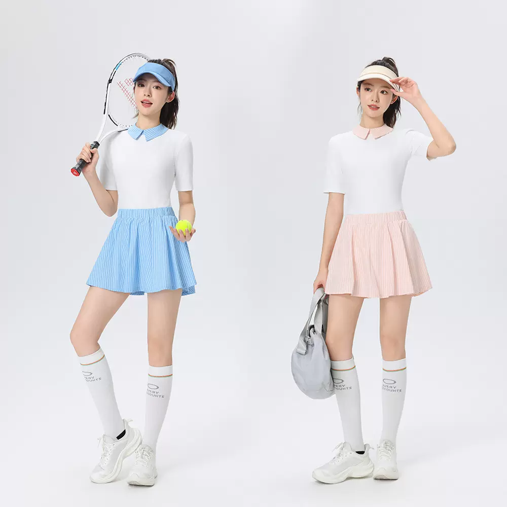 女式春夏修身翻领POLO衫短袖上衣条纹休闲高尔夫网球运动服套装