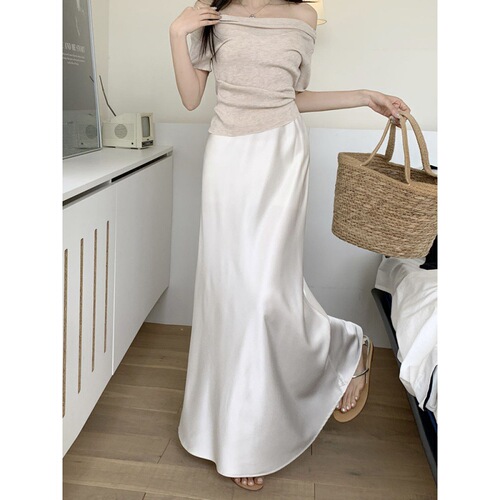 Large size 2024 new satin skirt, elastic waist, slimming fish tail skirt, French long dress, fat mm, 200kg