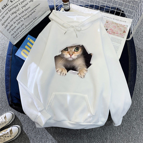 Women's Fashionable 3D Printed Couple Tops for Summer: Adorable Cat Design, Trendy European & American-Style Fleece-Lined Outerwear