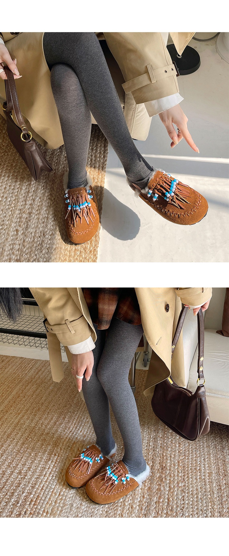 Guốc lười lông dày nữ mũi tròn kiểu Birkenstock có tua rua và hạt — màu nâu chi tiết 10