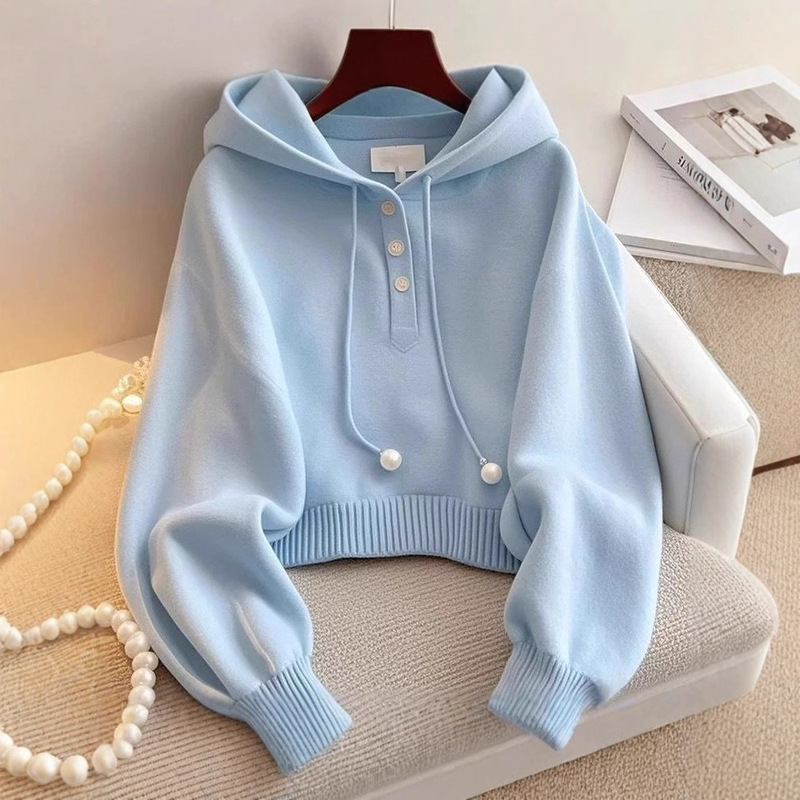 Unique and Chic Blue Hooded Drawstring Knit Sweatshirt, Autumn Korean Style, Lazy Fashion, Stylish and Comfortable Base Shirt