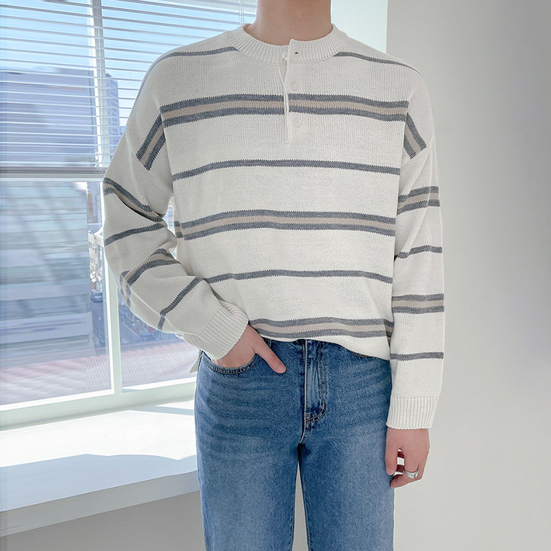 [Clearance] Striped round neck sweater men's spring and autumn Korean style trendy lazy style loose casual long sleeve sweater