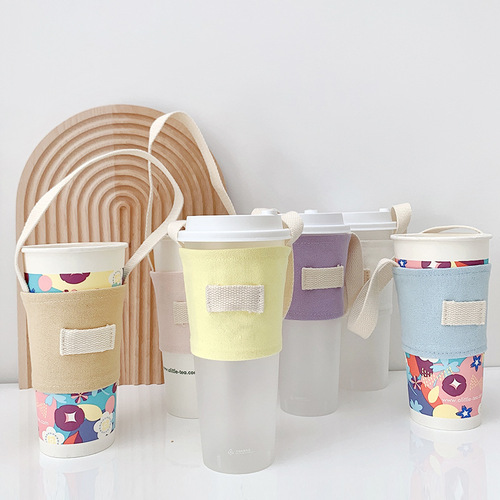 Portable portable insulated milk tea and coffee drink portable cup cover with candy color strap and hand-carrying canvas cup cover