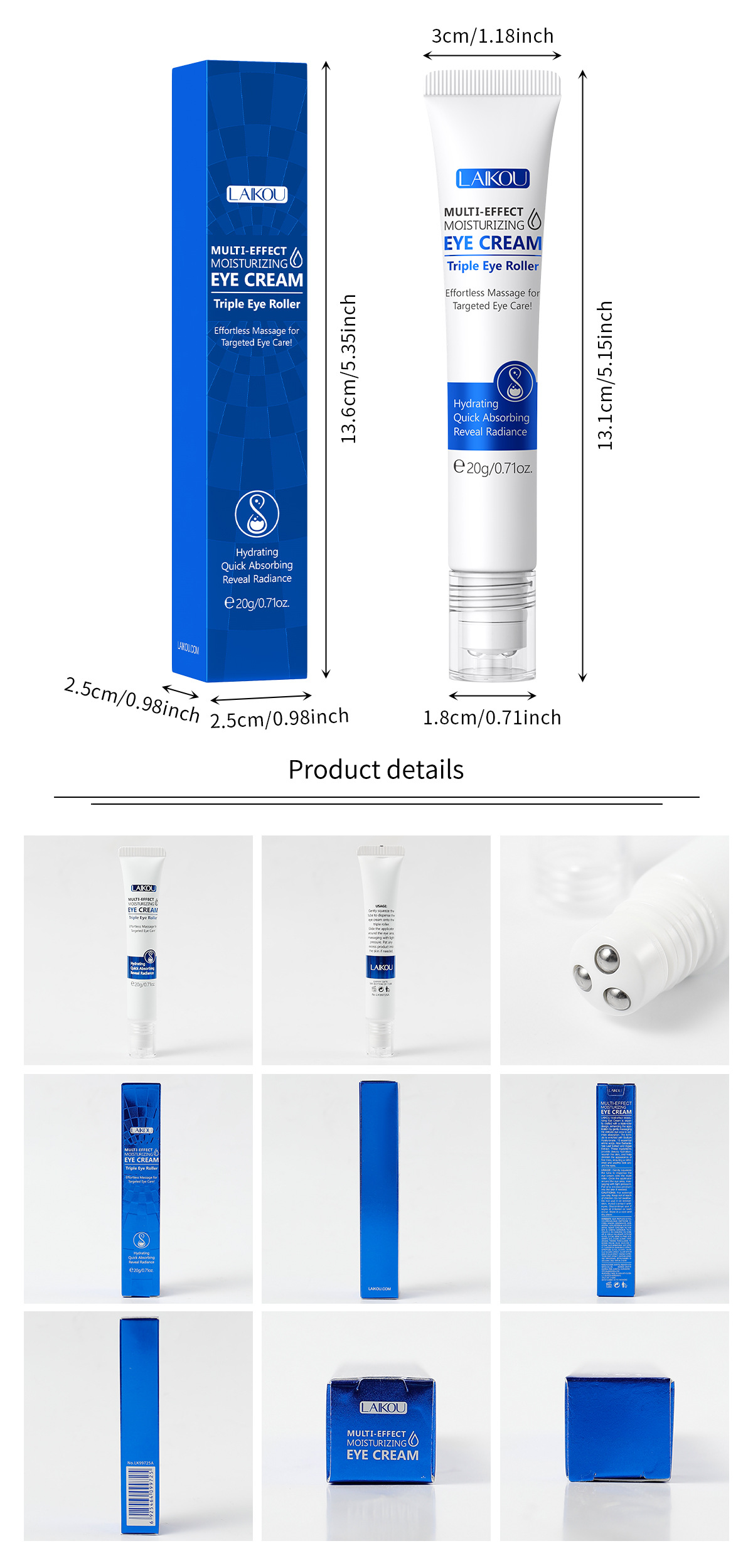 Cross-border LAIKOU Hydrating Roll-on Eye Cream 20g, eye moisturizing and eye care skin care product manufacturer supply undefined