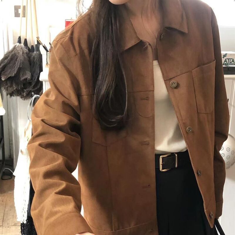 韩国chic秋季美式复古翻领麂皮绒宽松百搭长袖做旧工装夹克外套女|undefined