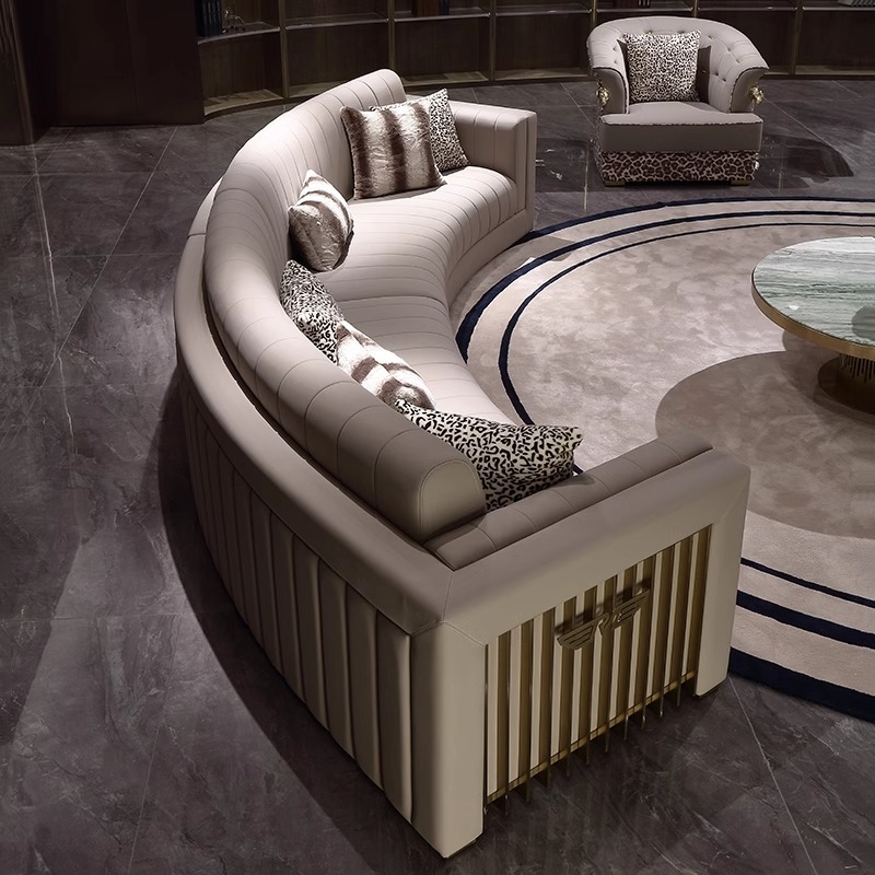 Italian lightweight luxury villa mansion living room imported top-layer leather curved sofa home cinema corner sofa