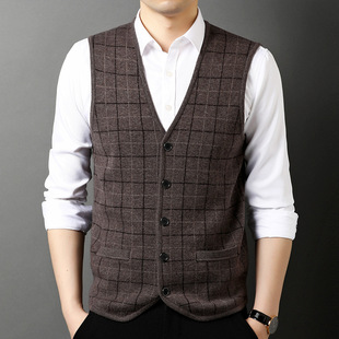High-end British 100% pure wool plaid suit vest vest men's autumn and winter New sleeveless sweater cardigan