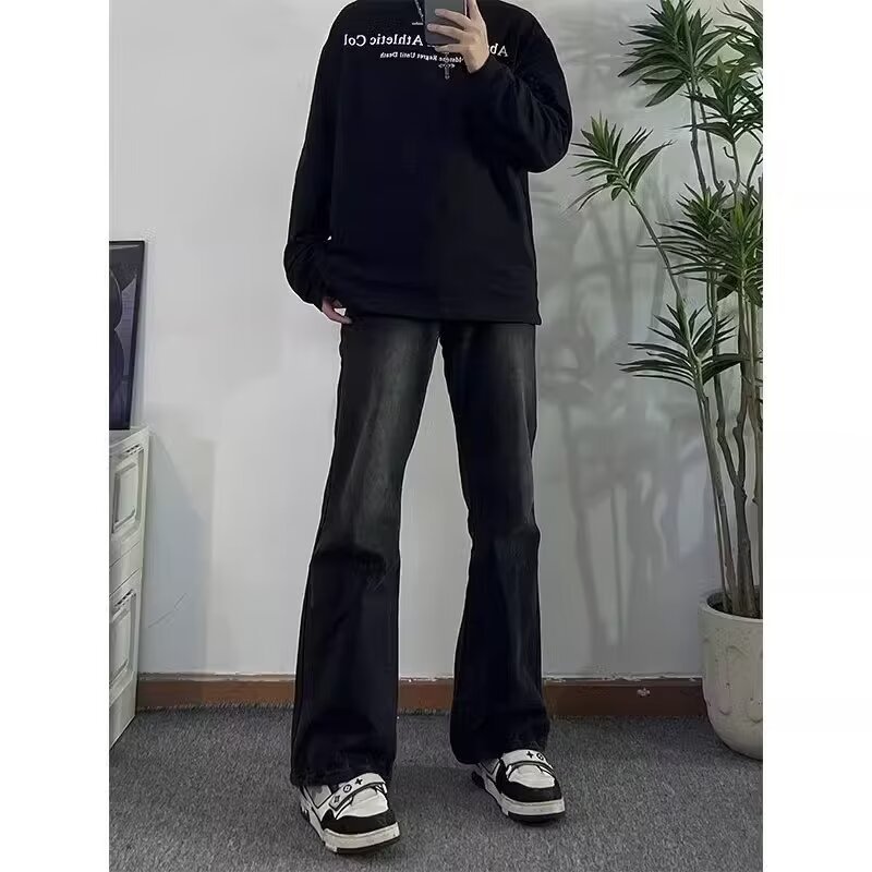 2024 primavera y otoño nuevo estilo americano calle alta suelta recta pantalones largos casuales negros marca de moda jeans para hombres