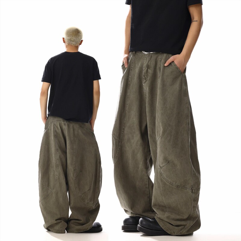 American Retro Distressed Washed Loose-Fitting Curved-Leg Pants for Men and Women, Cool High-Street Style Loose Casual Straight-Leg Wide-Leg Work Pants