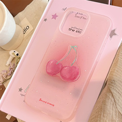 立体感のあるグリッターチェリーアップル16スマホケース、可愛い個性的なiPhone17promax対応、14ソフト、11世代対応