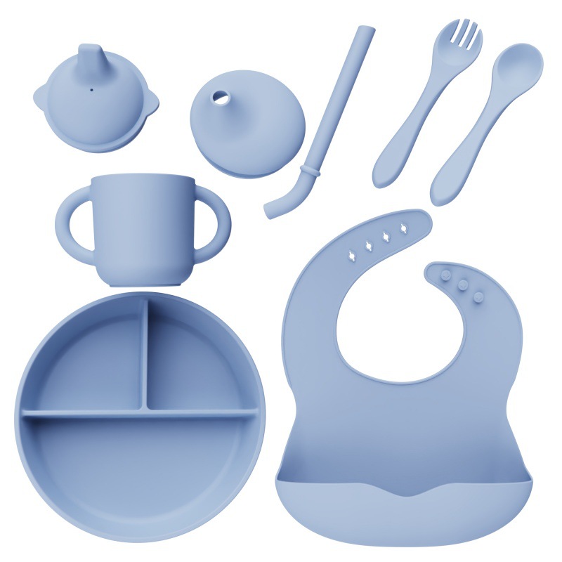 Alimentos de silicona set de cubiertos para niños cucharas blandas tenedor ventosa cuenco divisor de platos de comedor bib puede personalizar caja de regalo