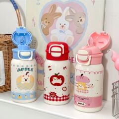 网红一盖双饮提绳保温杯 316不锈钢学生儿童带锁扣女生卡通水杯
