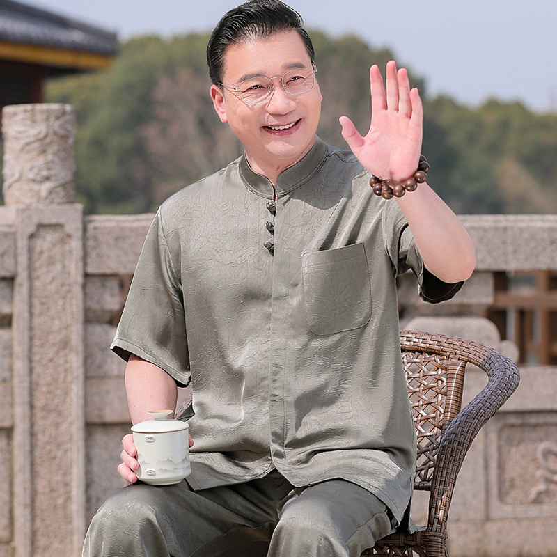 Summer New Dad Short-Sleeved Suit Chinese Style Men's Short-Sleeved Shirt Middle-Aged and Elderly Men's Tang Suit Two-Piece Set