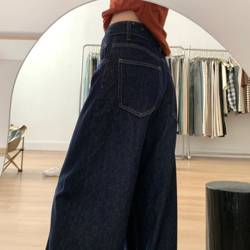 深蓝色宽松阔腿牛仔裤女2025秋冬加绒百搭显瘦垂感高腰拖地长裤子|undefined