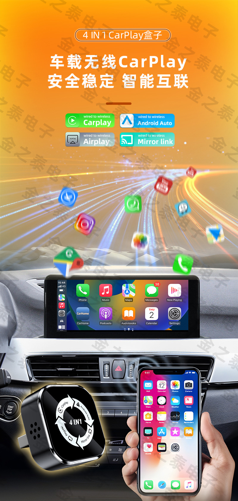 Four-In-One Smart Car Interconnect Anti-Control Carplay Wireless Converter Mirror Screen Projection Carplay Box