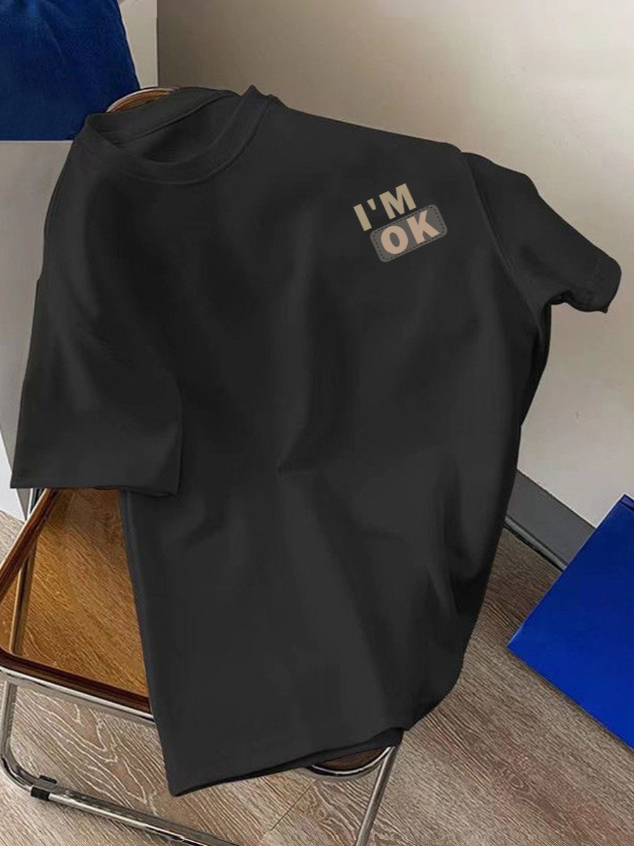 Estilo de Hong Kong negro frío hielo seda cuello redondo tendencia camiseta de los hombres top casual de todo fósforo simple traje de pareja