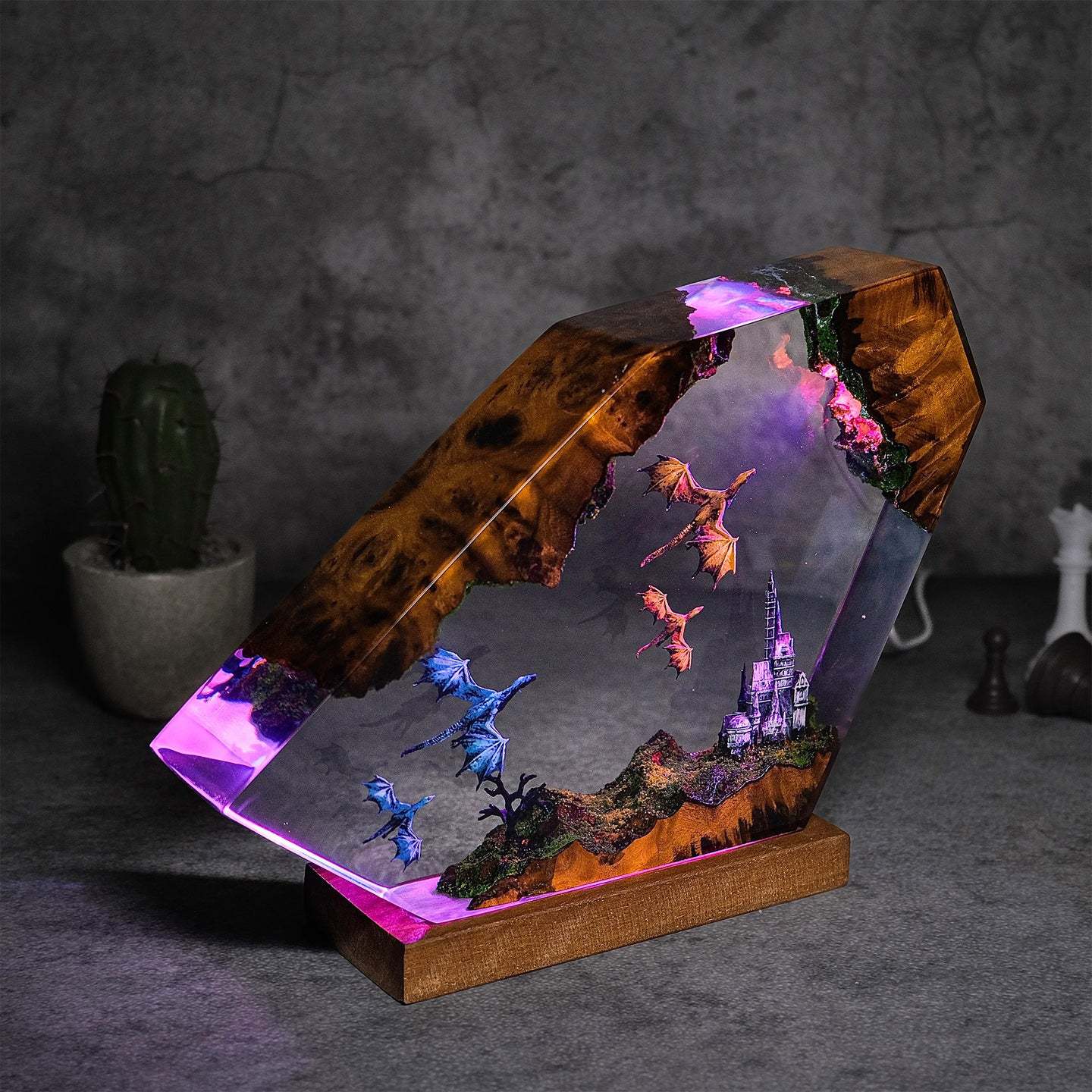 Resin Lamp Epoxy Dragon And Castle Handmade Resin Lamp Halloween Gift_maomaolike.com