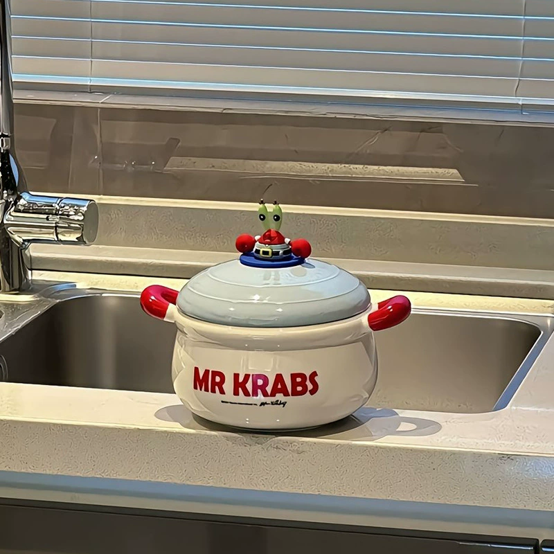 Керамическая миска для лапши быстрого приготовления Crab Boss с крышкой, двумя ручками и высокой декоративной отделкой для общежития