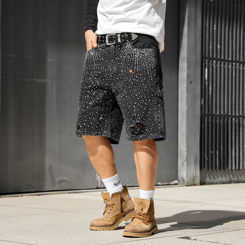 Trendy Rhinestone Lumberjack-Style Ripped Denim Shorts for Men, Plus Size, Loose Fit, Straight Leg, Washed Denim Shorts for Men