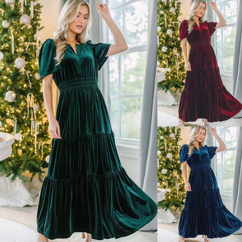 Cross-Border Christmas Velvet Dress for Women 2025 New Short-Sleeved Waist Flap Pocket Pants Dress Long Sexy Skirt with Large Hem