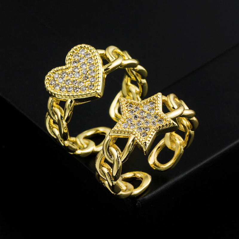 Fashion Gold Plated Micro Inlaid Zircon Star Heart-Shaped Opening Adjustable Copper Ring Accessories