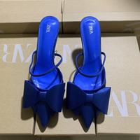New women's shoes with blue satin texture and bow decoration, M ü ller shoes, high heels