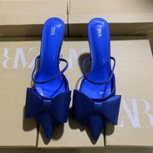 New women's shoes with blue satin texture and bow decoration, M ü ller shoes, high heels