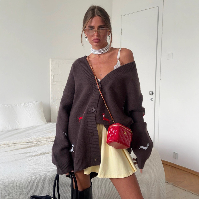 Cross-Border Single-Breasted Dachshund Casual Trendy Sweater Jacket with Wool Embroidery, Loose Style for Fashionable and Unique Women