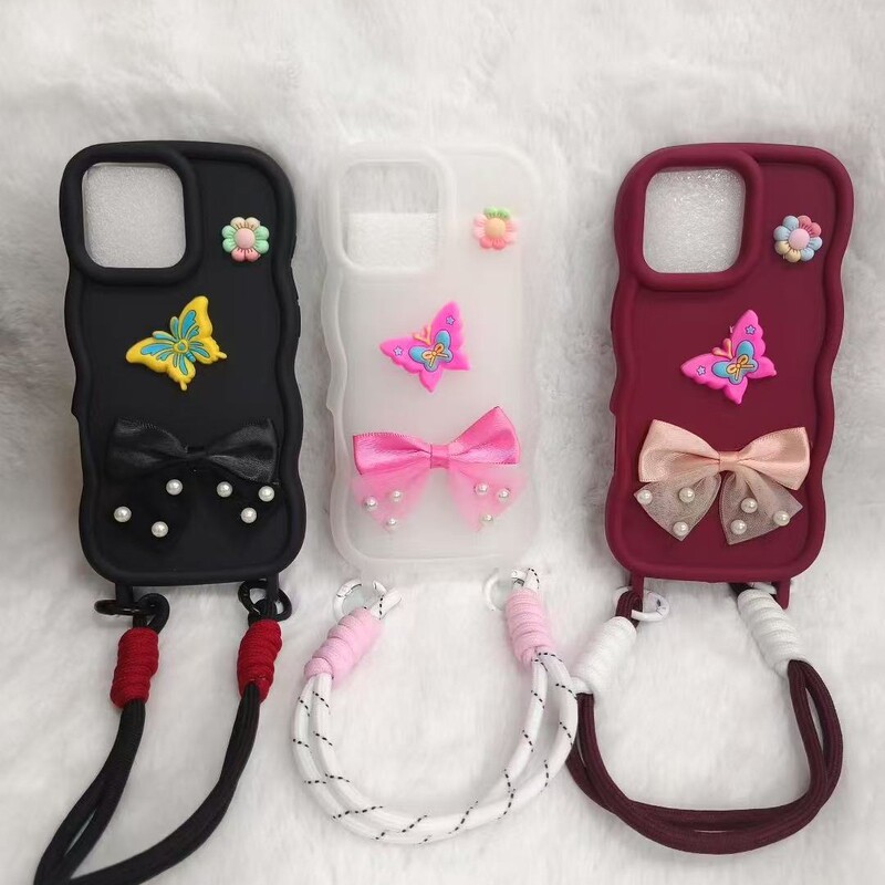 Suitable for Apple 16Pro Beautiful Colorfulful Wavy Edge Bow Pearl Butterfly Flower Wristband Lanyard Mobile Phone Case