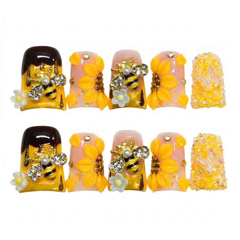 10Pcs Duckbill 3D Bee Rhinestone Sunflower Yellow Tone Exported to Europe and America Purely Handmade Wearable Nails Wholesale