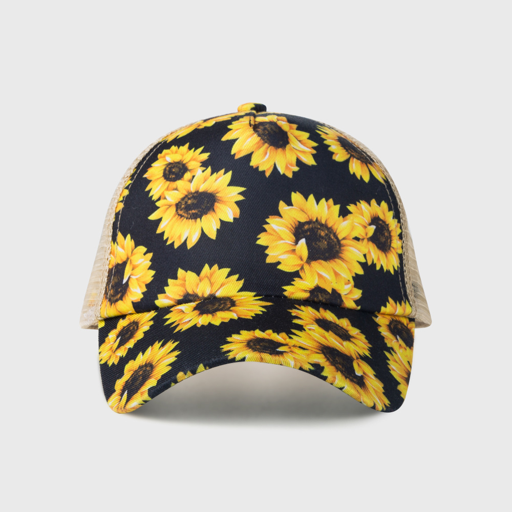 New Baseball Cap Fashion Sunflower Printed Cross Ponytail Mesh Hat Sun-poof Peaked Cap display picture 4