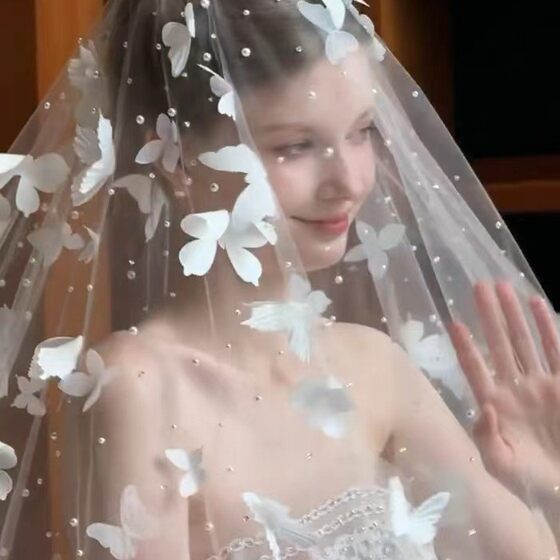 Butterfly Veil Large Tail Bride White Three-dimensional Butterfly Veil Main Wedding Dress Heavy Industry Pearl Luxury Oversized Tail