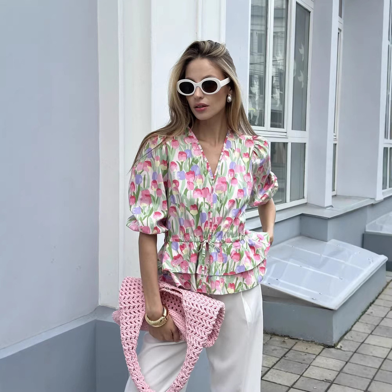 European and American Cross-Border 2025 Spring & Fall Hot-Selling New Women's Printed Drawstring Lace-Up Tops Puff Sleeve V Neck Shirts for Women