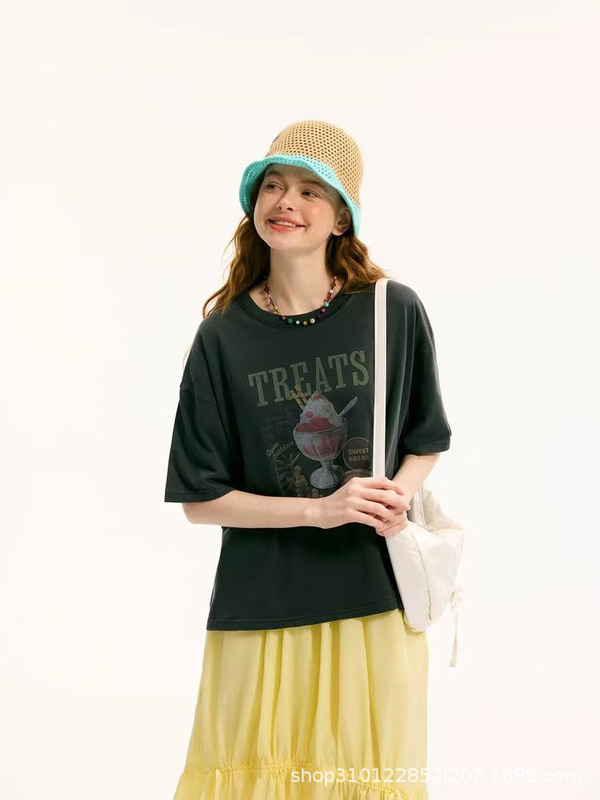 2025 夏の新日本ニココットントップス甘いデザートプリントレタールーズ半袖 Tシャツ女性のための|undefined