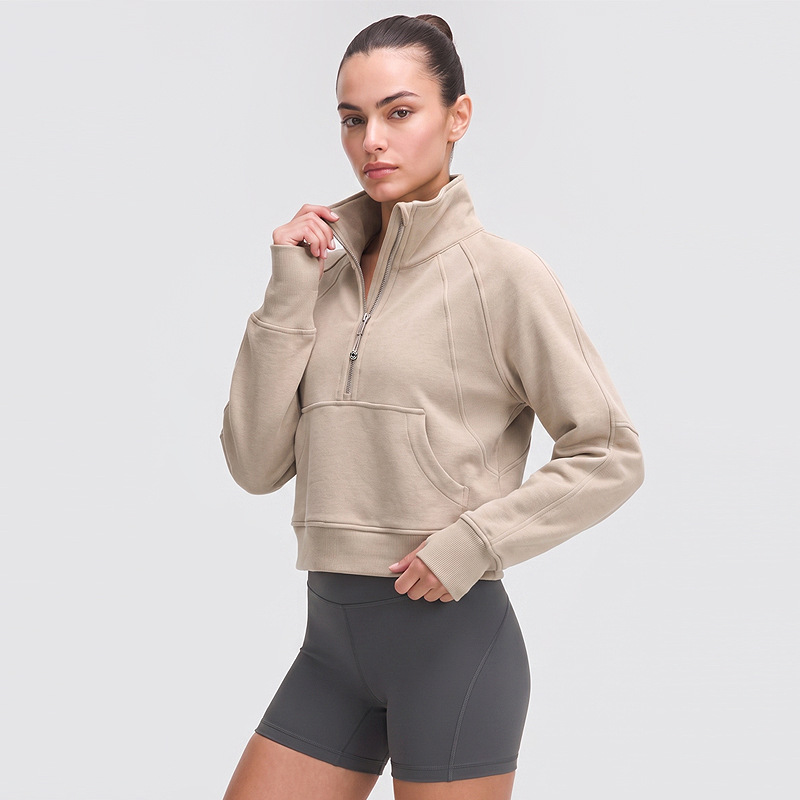 Chaqueta deportiva a prueba de viento para mujeres con camiseta gruesa con cremallera media suelta yoga ropa de ejercicios de algodón camiseta de cuello alto