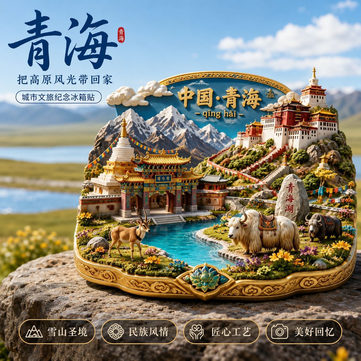 网红青海冰箱贴金属浮雕旅行冰箱贴旅游纪念伴手礼礼物装饰门贴